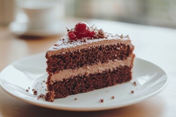 delicious slice of cake on a pristine white plate, bright daylight