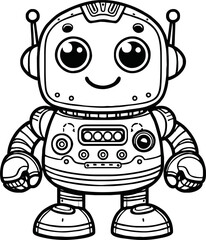 black and white line art vector cartoon  friendly robot isolated for coloring page.A robot cartoon cute fun alien mascot character man illustrations