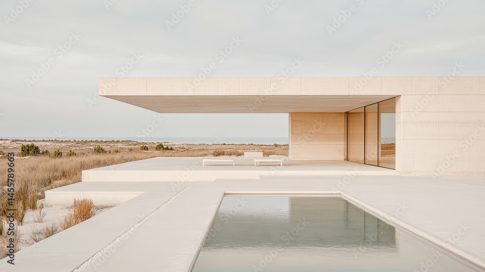 Poster minimalist architecture featuring pool and modern design blending serenity and luxury capturing geom