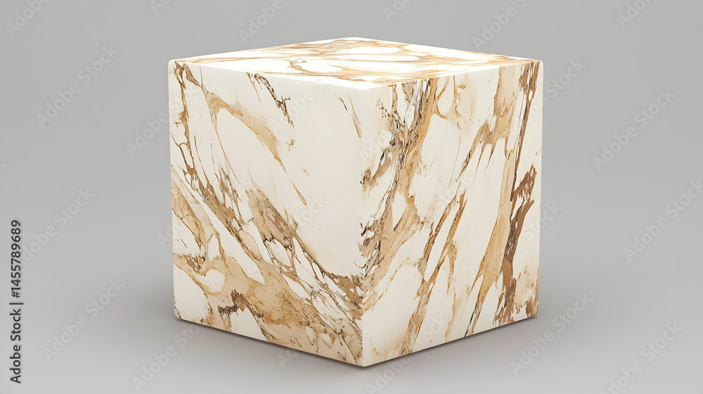Poster a cube-shaped, light beige and cream marble-patterned table. features intricate veining, creating a 