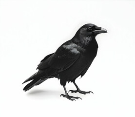 Obraz premium Standing Raven Isolated on White Background, Detailed Bird Portrait