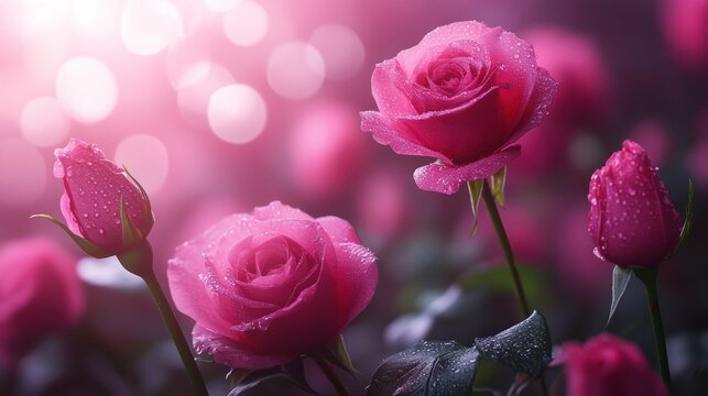 Pink roses with dew drops