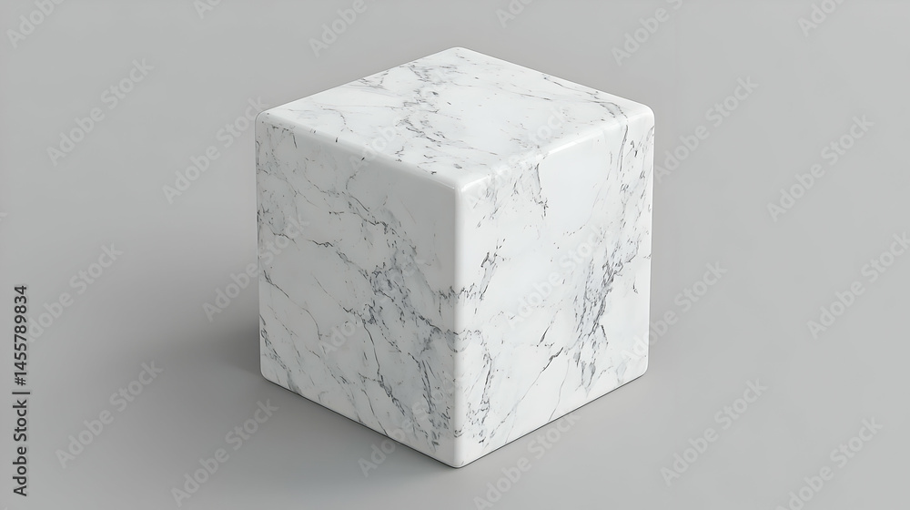 Poster a pristine white marble cube sits on a gray surface. veined with subtle grey patterns, its smooth, r