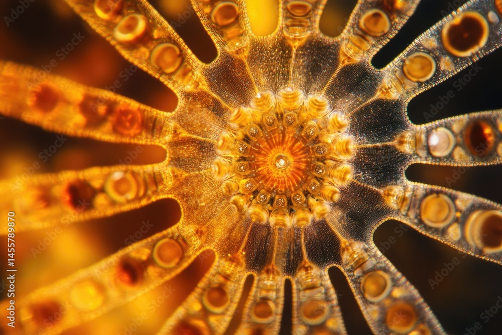 Poster a mesmerizing macro shot of a golden, radial, cellular structure with detailed patterns and organic,