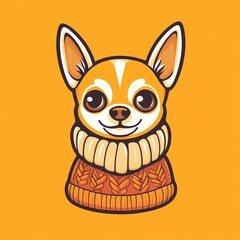 Obraz premium Adorable Chihuahua in a cozy knit sweater, happy expression, against a warm orange background. Perfect for pet apparel!