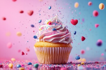 dessert art, colorful topping falling on cupcake in slow motion, photoreal texture