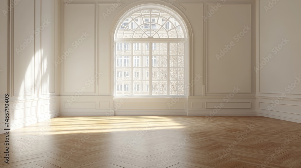 Poster a large white arched window with a view of a building.