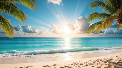 Obraz premium Tropical beach paradise with golden sunset and gentle ocean waves.
