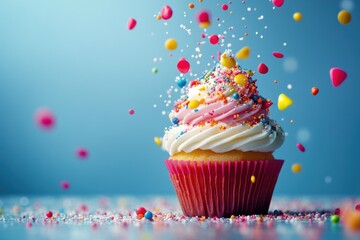 dessert art, colorful topping falling on cupcake in slow motion, photoreal texture