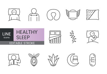 A set of vector icons representing healthy sleep positions, ergonomic pillow types, and natural care features, created in line style with editable stroke