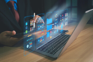 UX UI, Mobile app user interface designs, digital software, mobile app development concept. Planning application process develop prototype wireframe for mobile phone. User experience, computer code.
