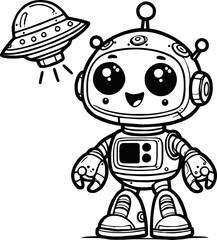 black and white line art vector cartoon  friendly robot isolated for coloring page.A robot cartoon cute fun alien mascot character man illustrations