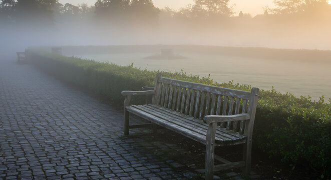 Misty morning park bench in tranquil foggy landscape  