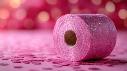 Pink toilet paper roll on pink confetti