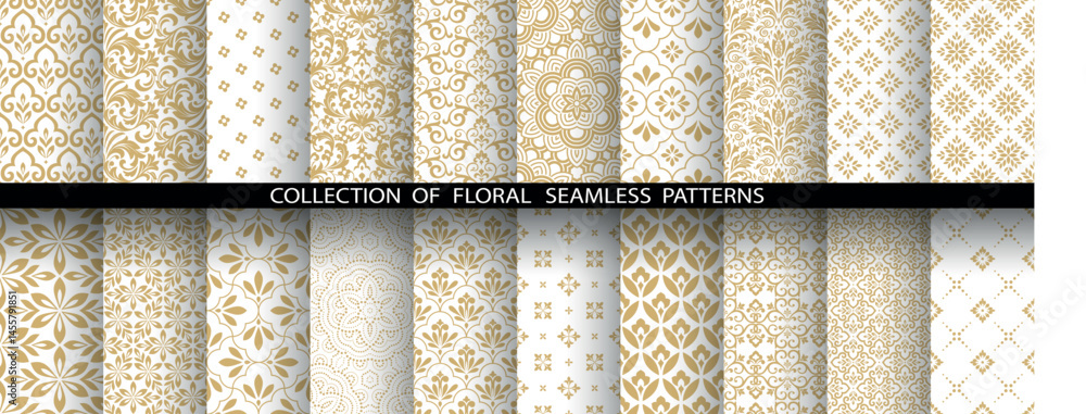 Poster Geometric floral set of seamless patterns. White and golden vector backgrounds. Damask graphic ornaments
