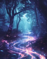 Mystical forest path illuminated by ethereal light.
