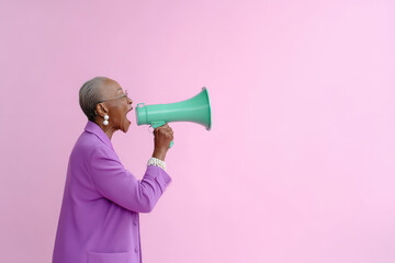 An elderly Black woman passionately speaks into a green megaphone while wearing a stylish purple suit against a pink background, conveying empowerment and confidence