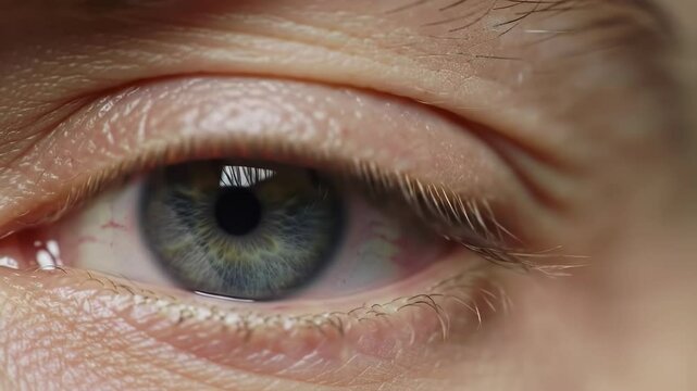 Extreme close-up of a blue human eye blinking in natural light, macro detail reveals iris texture and emotion &ndash; concepts of vision, awareness, and observation