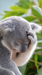 Obraz premium A koala with closed eyes rests its paw on its head, displaying a look of exasperation amidst lush green foliage