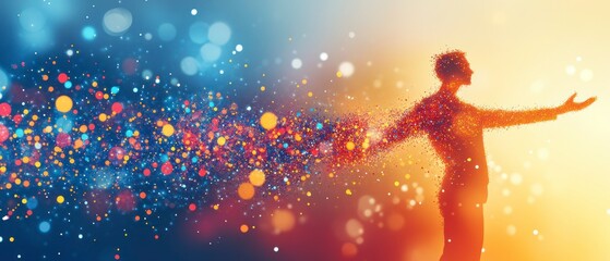 Naklejka premium Silhouette of man, dissolving into particles, extends arms in inspirational gesture representing energy and transformation.