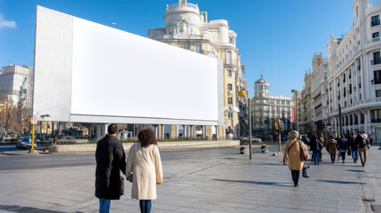 A blank billboard stands prominently in a lively Madrid cityscape filled with pedestrians including a man and a woman walking together amidst modern architecture and blue sky
