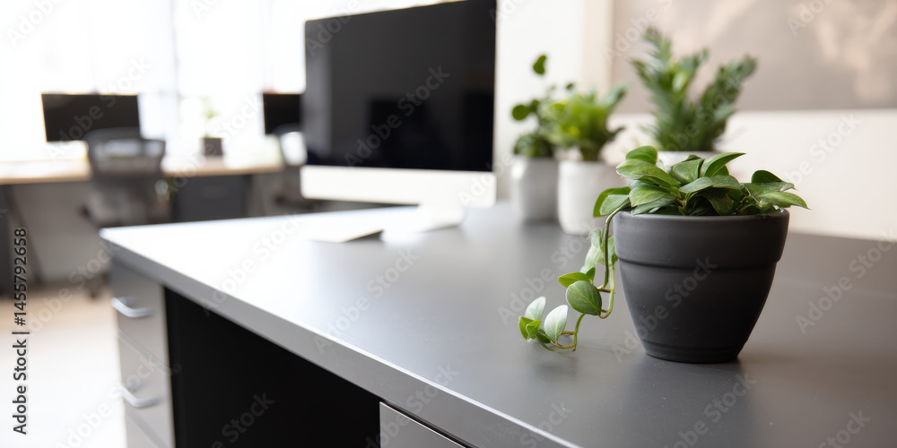 Poster a matte finish tabletop features a potted plant with trailing vines, set within a modern coworking s