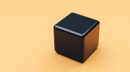 Obraz premium A glossy black cube rests on a pale orange surface. The cube is smooth and well-defined, exhibiting a modern aesthetic