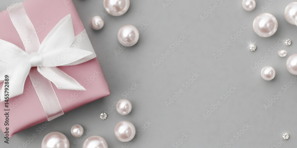 Poster A soft pink gift box adorned with a white satin bow rests on a smooth gray surface, surrounded by scattered pearls and sparkling gems creating an elegant and festive atmosphere