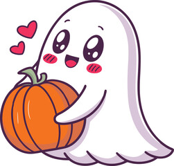 Obraz premium Halloween Spirit: A cute cartoon ghost cuddles a pumpkin, love hearts, embodies Halloween fun, a charming, heartwarming embrace. 