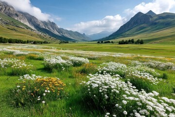 Obraz premium Vibrant wildflower meadow in a serene valley surrounded by majestic mountains on a bright sunny day