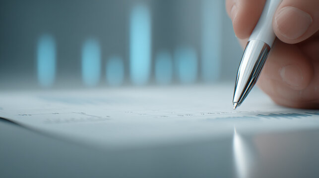 Businesswoman writing data in spreadsheet, close up of hand holding pen, analyzing financial report, blue graph in background, professional, focused