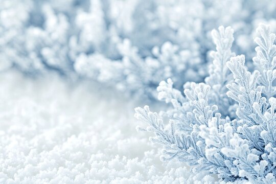 Frozen winter plants covered in a light dusting of snow. Delicate frosted branches stand out against a soft, snowy backdrop.  Gentle hues of pale blue and white create a serene winter scene