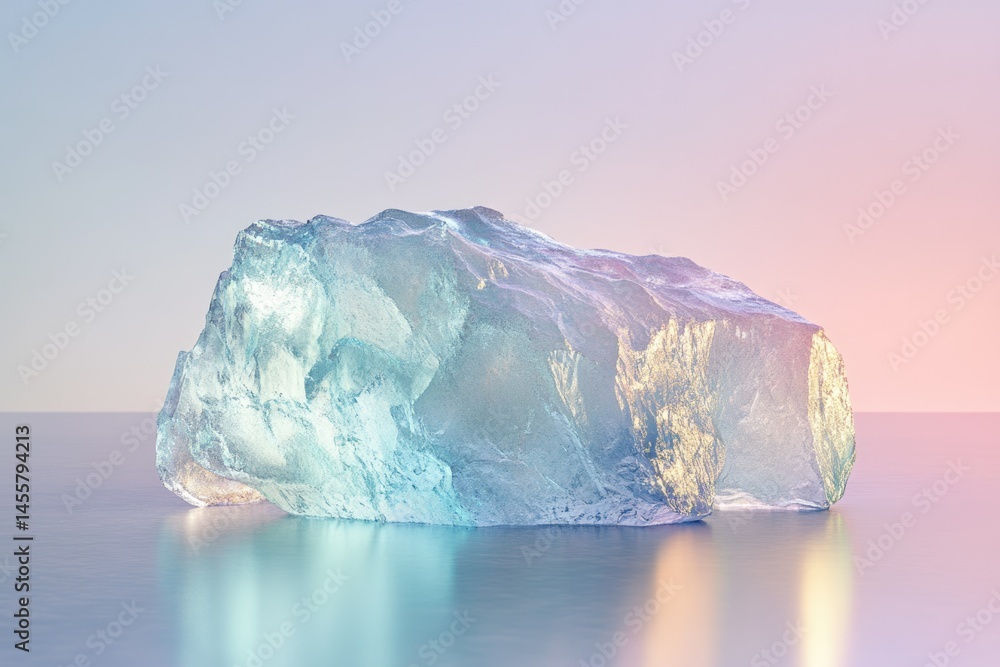 Poster a large, translucent block of ice sits on a calm surface, reflecting soft hues of blue and pink ligh