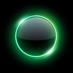 Green neon light round frame with glowing glass surface. Futuristic illuminated button. Abstract vector illustration for UI design, sci-fi elements, modern tech interfaces.