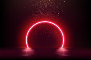Red neon light arch. Light portal. Glowing door in futuristic style with falling glitter effect. Abstract fairy arc with reflection in water under rain of luxury confetti. Vector illustration.
