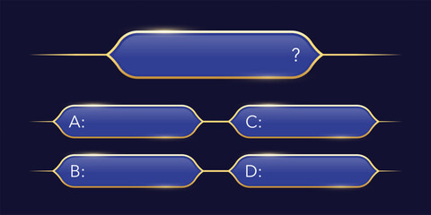 Quiz template. Trivia game layout. Question and answer blue frames with golden border for TV show or social media. Multiple choice test. Vector illustration isolated on dark background.