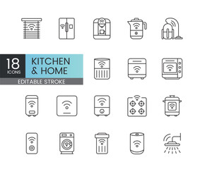Editable stroke pack of smart kitchen and home appliances controlled via Wi-Fi apps and automation including microwave oven fan humidifier and more