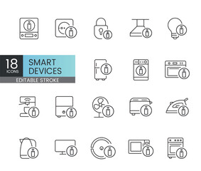 Editable stroke pack of smart devices and connected appliances controlled via Wi-Fi mobile apps automation systems and voice assistants ideal for dashboards interfaces and tech visuals