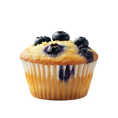 Golden blueberry muffin with visible berries in white paper liner, isolated on transparent background