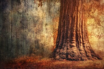 Fototapeta premium A majestic, ancient tree stands tall in a textured forest scene bathed in warm, ethereal light, creating a tranquil ambiance.