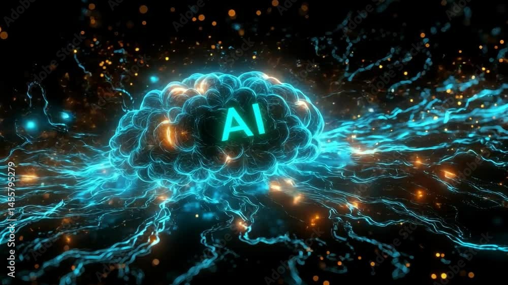 Poster glowing connections of digital brain exploring artificial intelligence and technology innovations