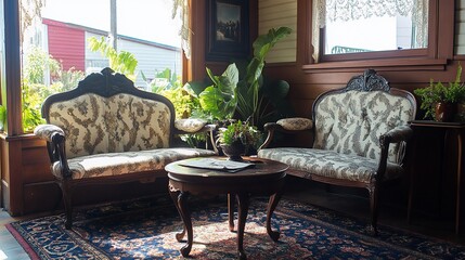 Cozy antique parlor with sunlight streaming through
