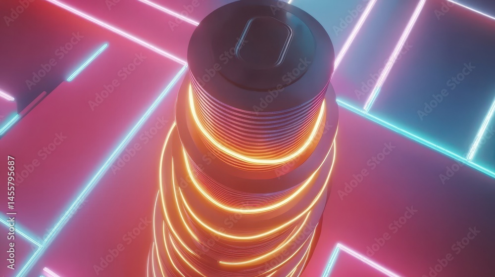 Poster abstract futuristic neon glow object on a pink backdrop conveys cutting edge technology for visual g
