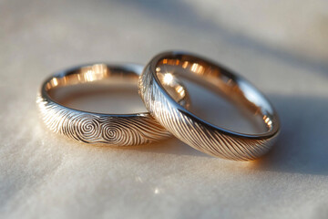 Close-up of two rose gold wedding rings with unique fingerprint designs on textured surface, symbolizing personalized love