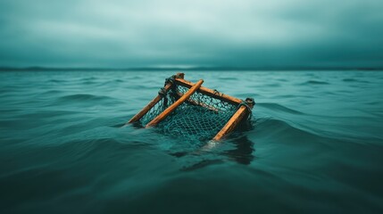 Stormy ocean reveals a sunken net amidst turbulent waters near a coastline at dusk. International Day for the Fight against Illegal Unreported and Unregulated Fishing