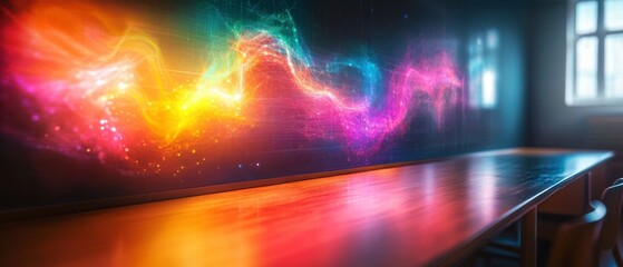 Spectral visualization displays vibrant particle simulation on classroom wall, reflecting across table.
