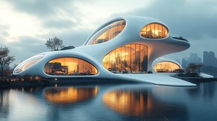 A detailed architectural rendering of a futuristic building with sleek lines and innovative design elements.
