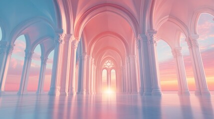 Pink sunset through archway and colonnade