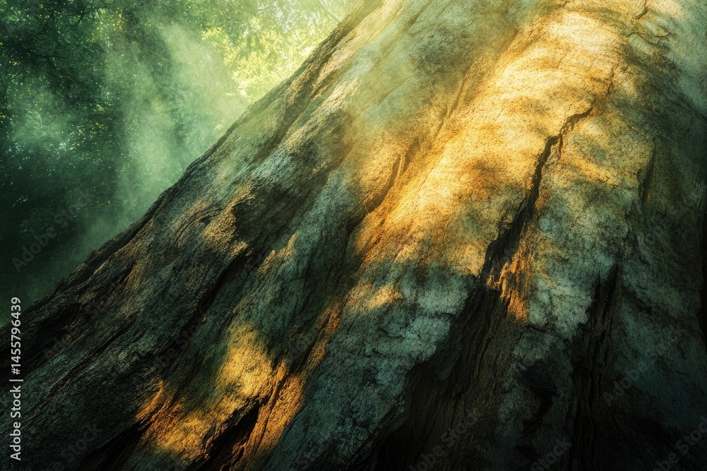 Poster sunlight streams down upon an ancient, textured tree trunk in a verdant forest, creating a mystical 