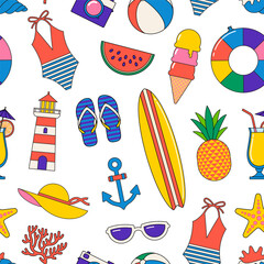 Colorful Summer Beach Seamless Pattern Vector with Swimsuits, Surfboard, Fruits, and Holiday Elements